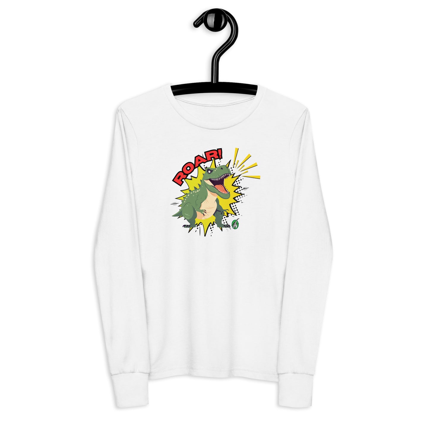 Kids' white long sleeve t-shirt with a printed graphic of a green roaring dinosaur and the word "Roar!", by Wizard Prints.