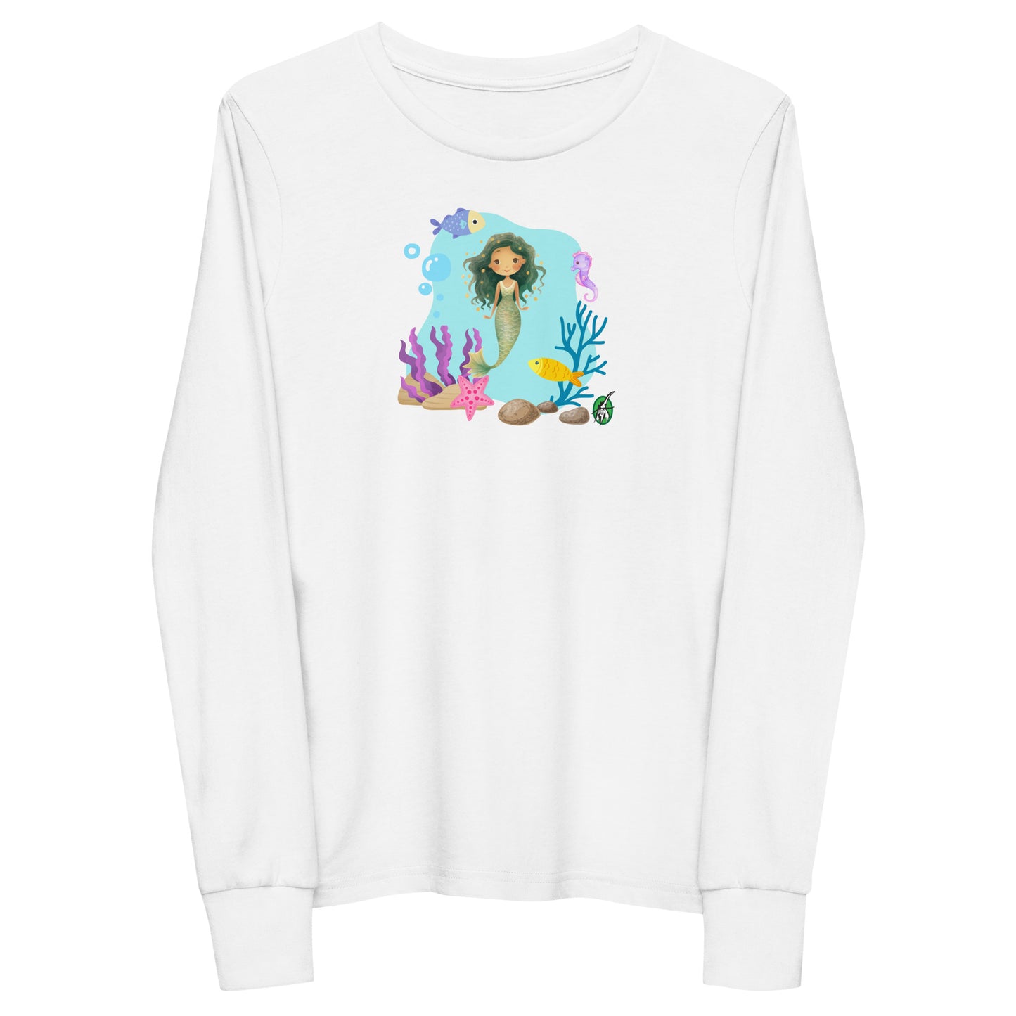 Kids' white long-sleeve T-shirt featuring a printed graphic of a mermaid with sea creatures and water, by Wizard Prints.