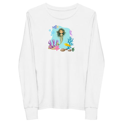 Kids' white long-sleeve T-shirt featuring a printed graphic of a mermaid with sea creatures and water, by Wizard Prints.