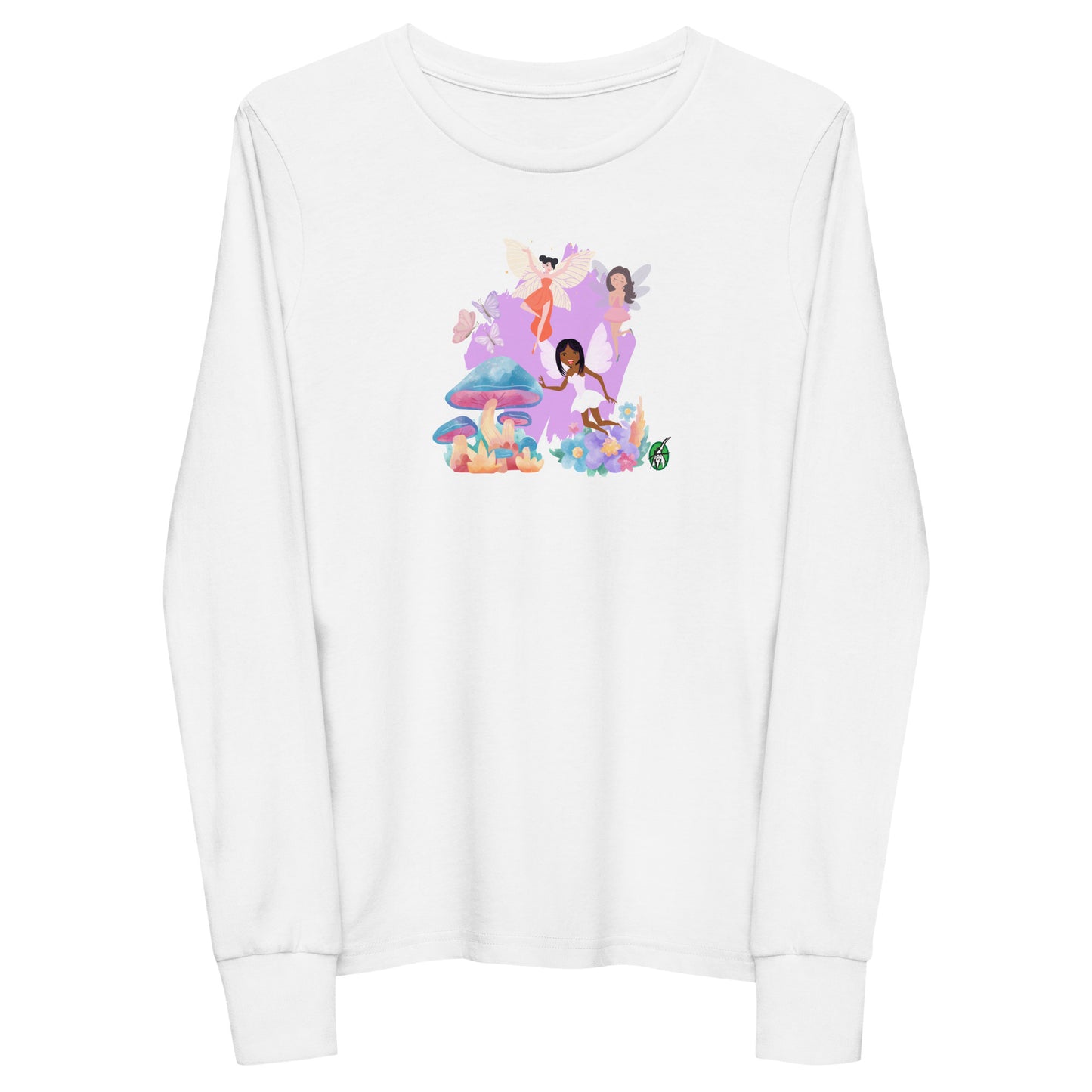 Kids' white long-sleeve T-shirt featuring a printed graphic of fairies flying over mushrooms, by Wizard Prints.