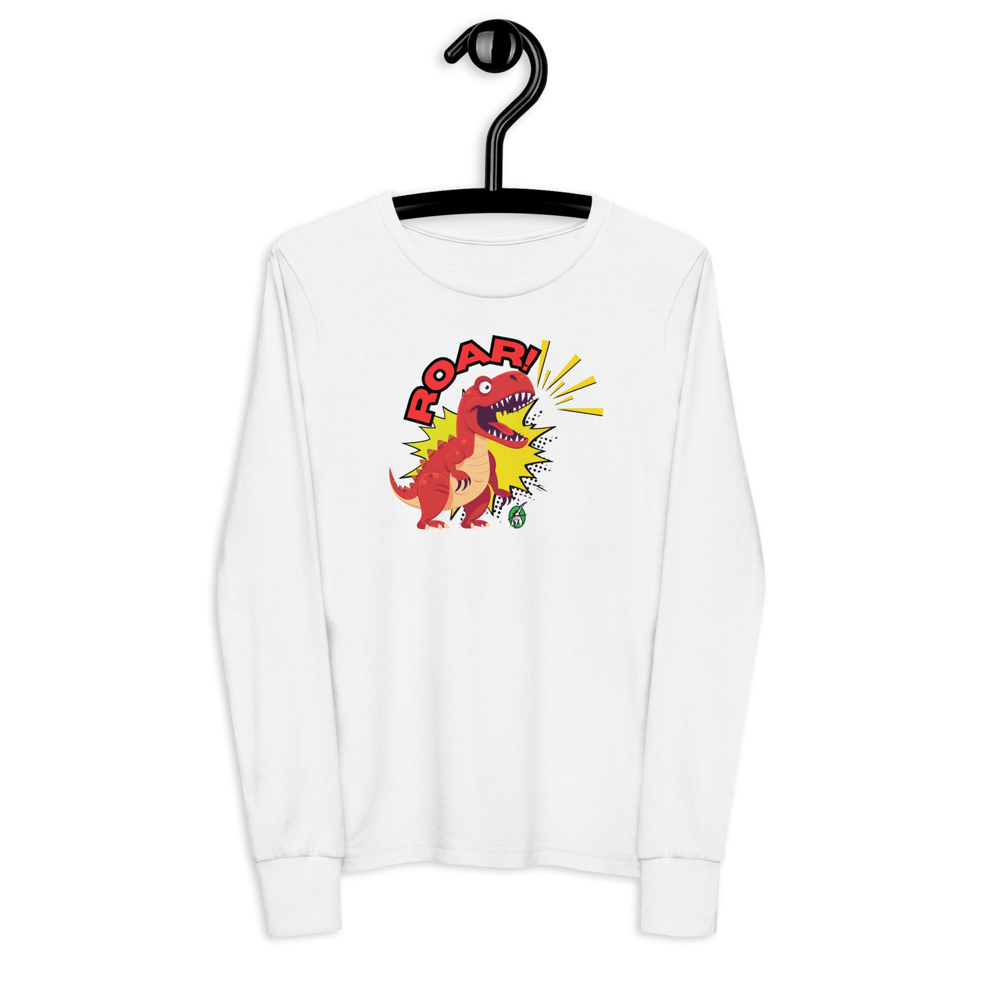 Kids' white long sleeve t-shirt with a printed graphic of a red roaring dinosaur and the word "Roar!", by Wizard Prints.