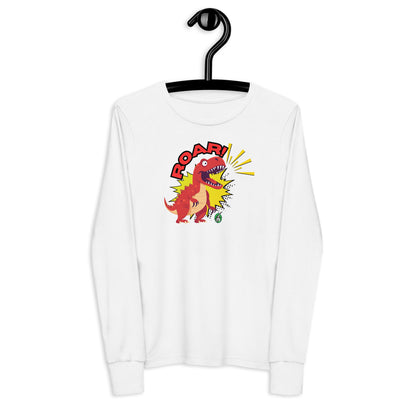 Kids' white long sleeve t-shirt with a printed graphic of a red roaring dinosaur and the word "Roar!", by Wizard Prints.