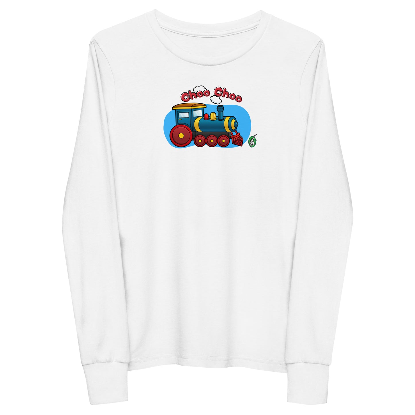 Kids' white long-sleeve T-shirt featuring a printed graphic of a train and the words "Choo Choo", by Wizard Prints.
