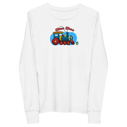 Kids' white long-sleeve T-shirt featuring a printed graphic of a train and the words "Choo Choo", by Wizard Prints.