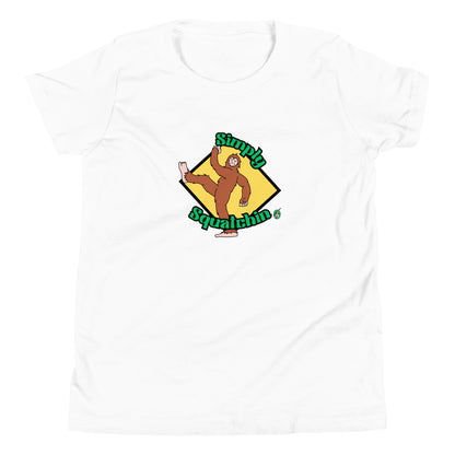 Kids' white graphic t-shirt with a brown sasquatch and the statement, Simply Squatchin on a yellow background, by Wizard Prints