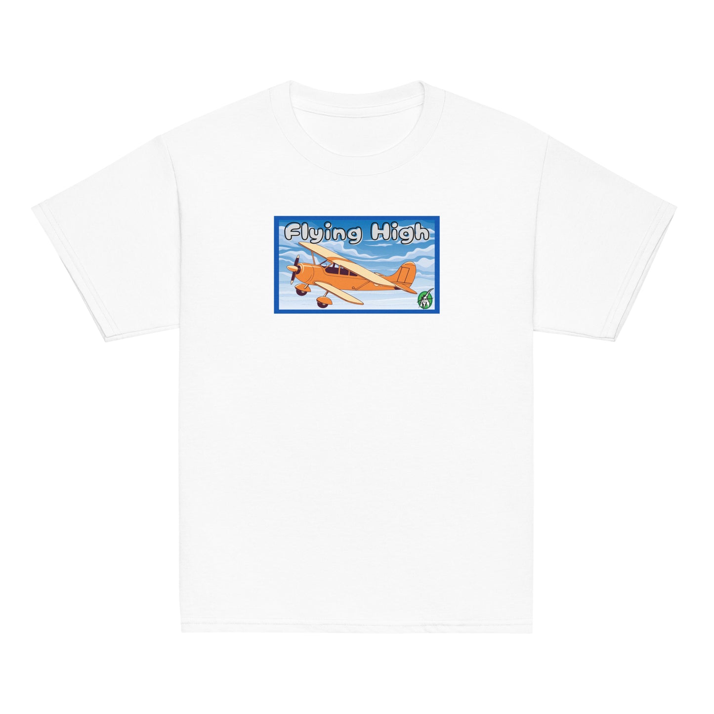 Kids' white t-shirt featuring a printed graphic of a vintage airplane and the words, 'Flying High'. Designed by Wizard Prints.