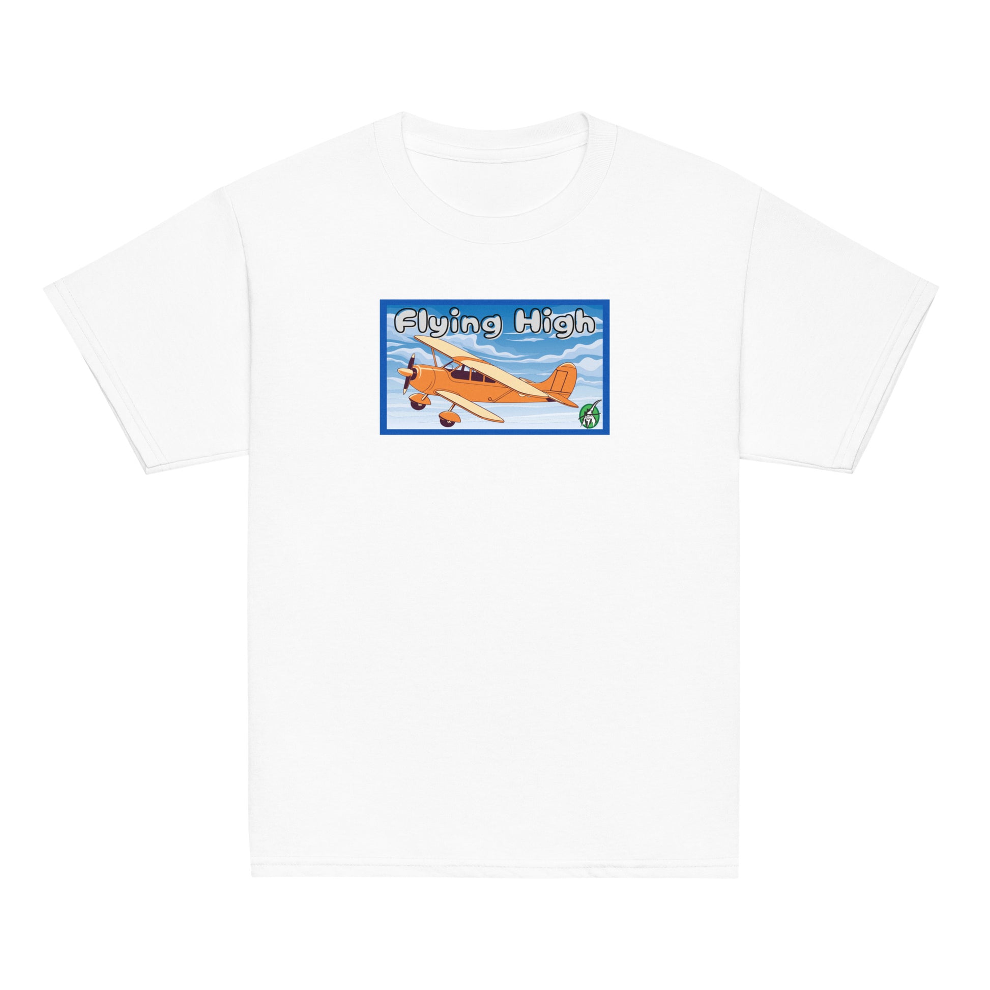 Kids' white t-shirt featuring a printed graphic of a vintage airplane and the words, 'Flying High'. Designed by Wizard Prints.