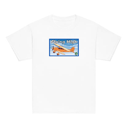 Kids' white t-shirt featuring a printed graphic of a vintage airplane and the words, 'Flying High'. Designed by Wizard Prints.