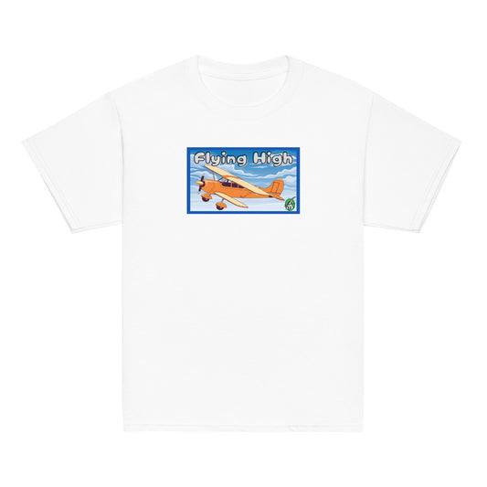 Kids' white t-shirt featuring a printed graphic of a vintage airplane and the words, 'Flying High'. Designed by Wizard Prints.