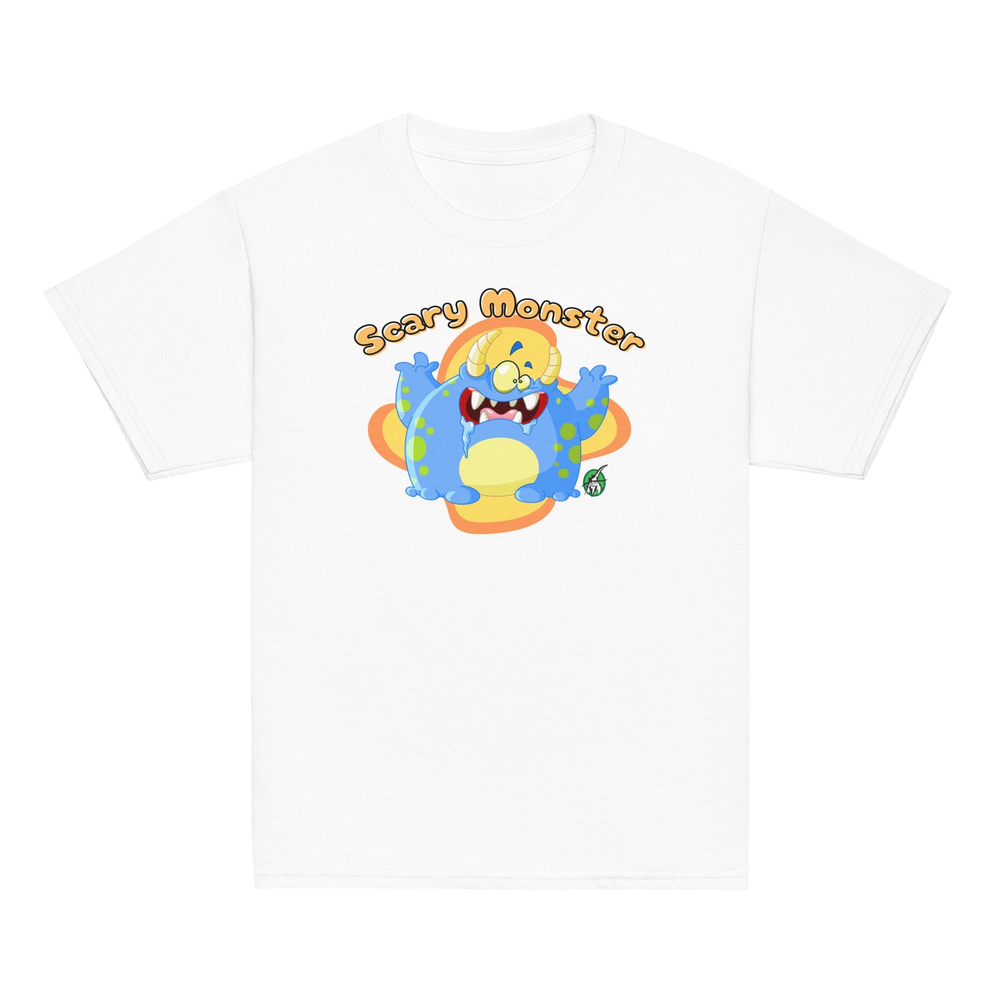 Kids' white t-shirt featuring a printed graphic of a cartoon monster and the words, 'Scary Monster', by Wizard Prints.