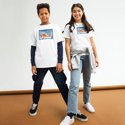 A boy and girl standing and wearing white t-shirts featuring a printed graphic of a vintage airplane and the words, Flying High. Designed by Wizards Prints.