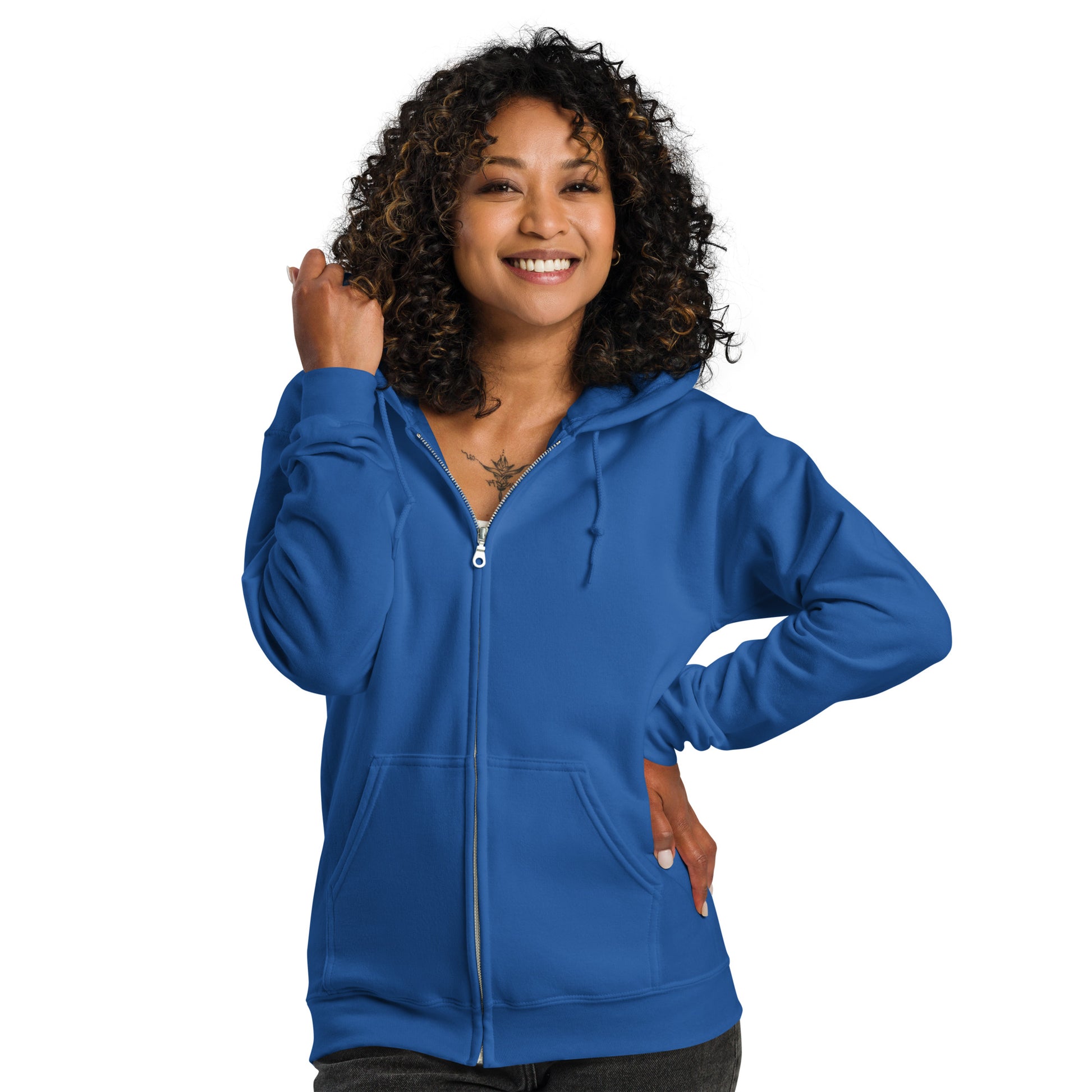 A lady standing wearing a blue zip through hoodie by Wizard Prints Shop
