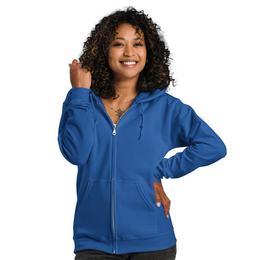A lady standing wearing a blue zip through hoodie by Wizard Prints Shop
