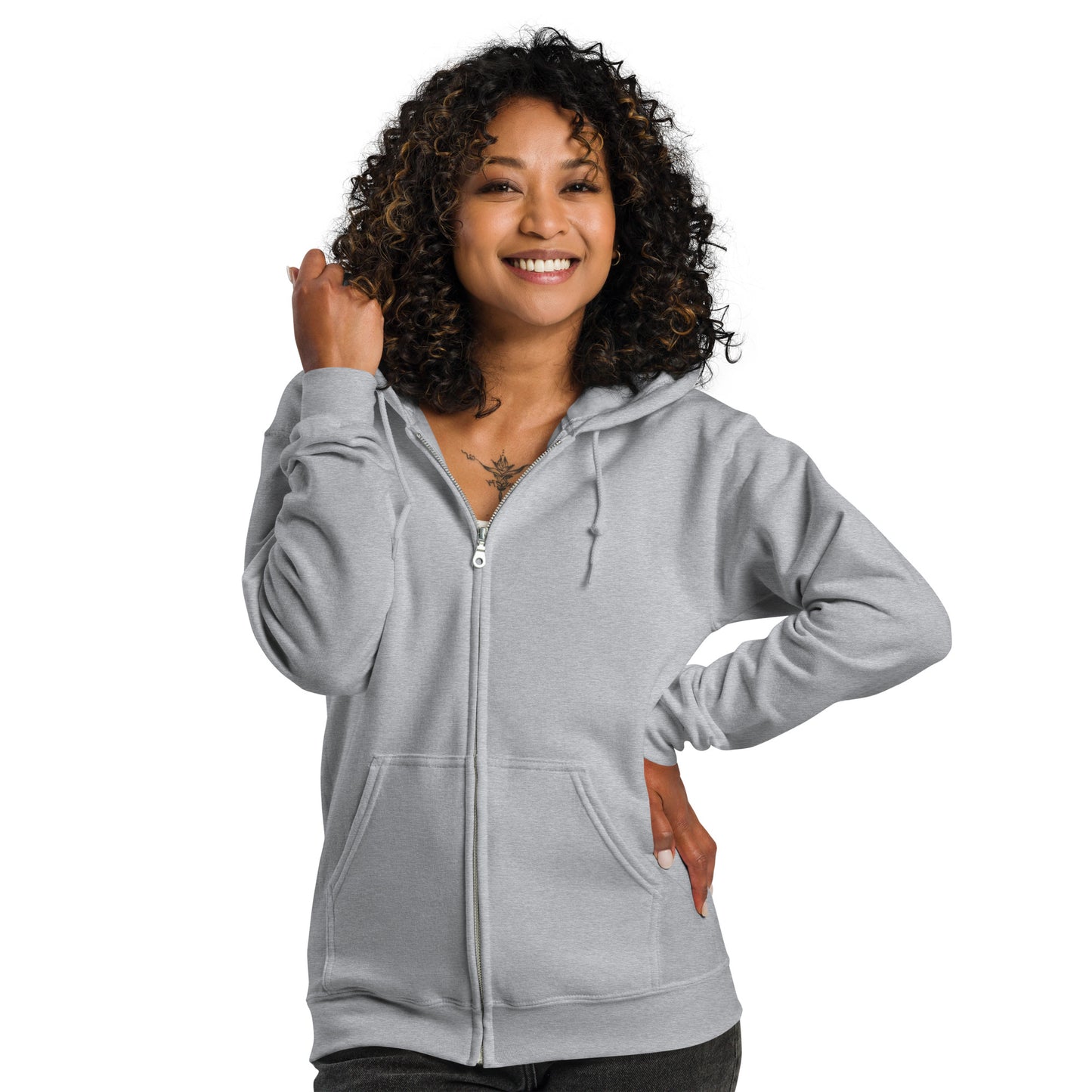 A lady standing wearing a black zip through hoodie by Wizard Prints Shop