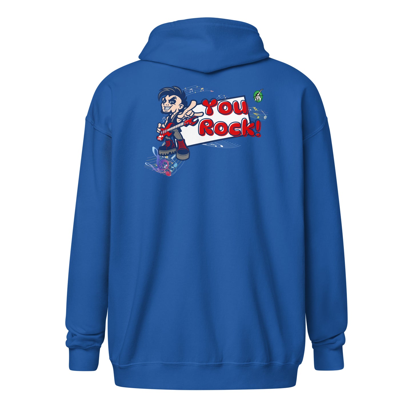 Men's bright-blue zip through hoodie with a graphic on the back of the a dude playing guitar saying 'You Rock!' by Wizard Prints