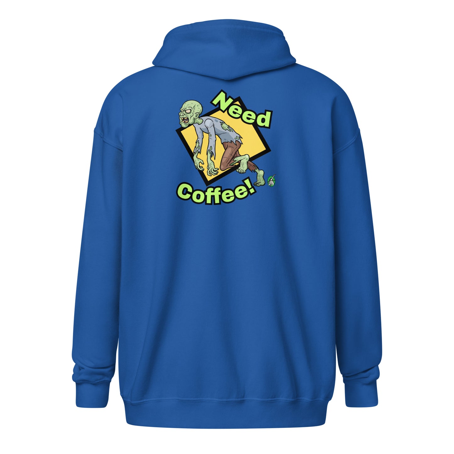 Men's blue zip-through hoodie with a funny graphic of a zombie saying, 'Need Coffee' by Wizard Prints