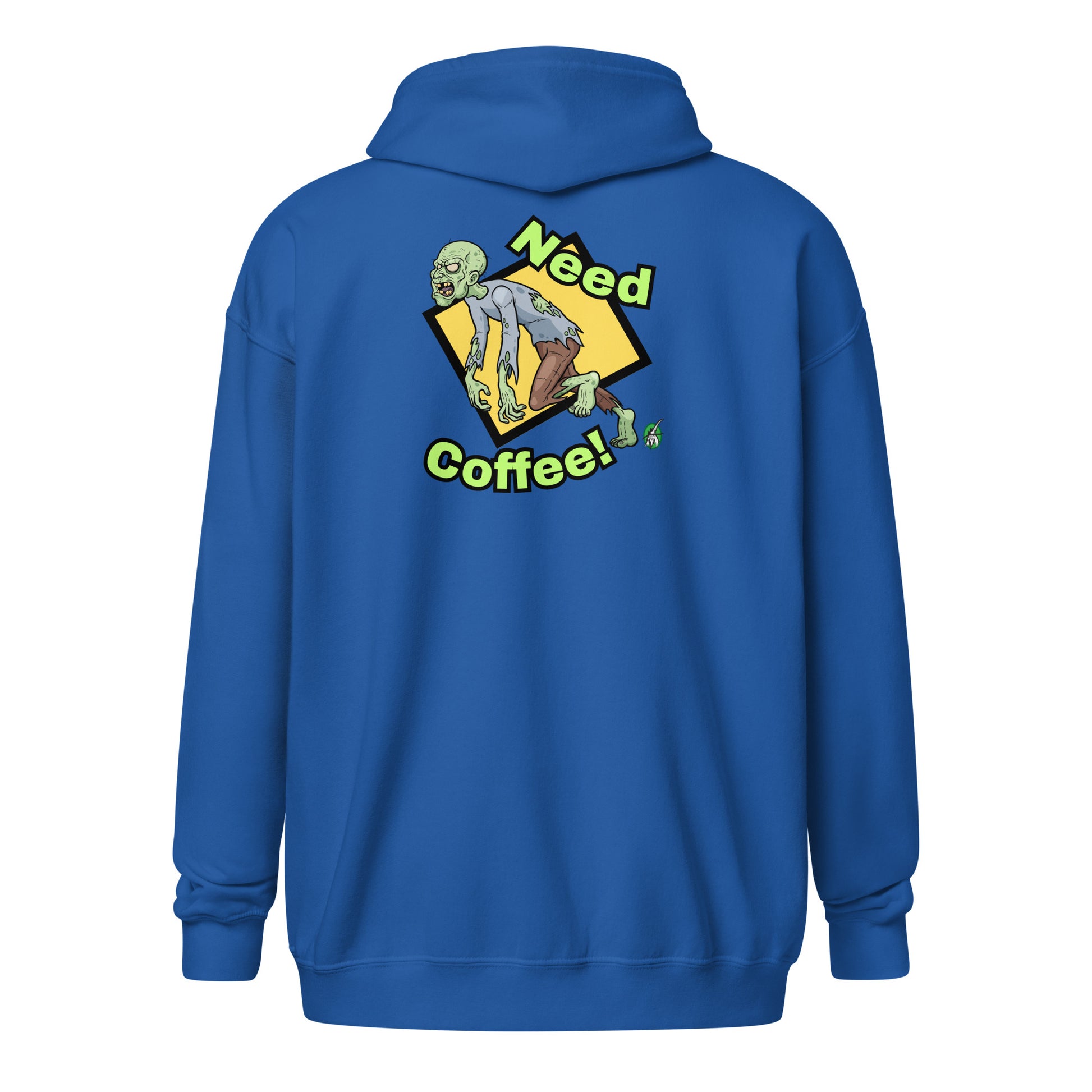 Men's blue zip-through hoodie with a funny graphic of a zombie saying, 'Need Coffee' by Wizard Prints