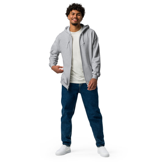 A man standing wearing a grey zip through hoodie by Wizard Prints Shop
