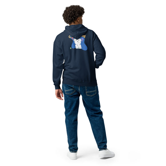 A man standing wearing a navy zip-through hoodie with a funny confused bear graphic by Wizard Prints and jeans