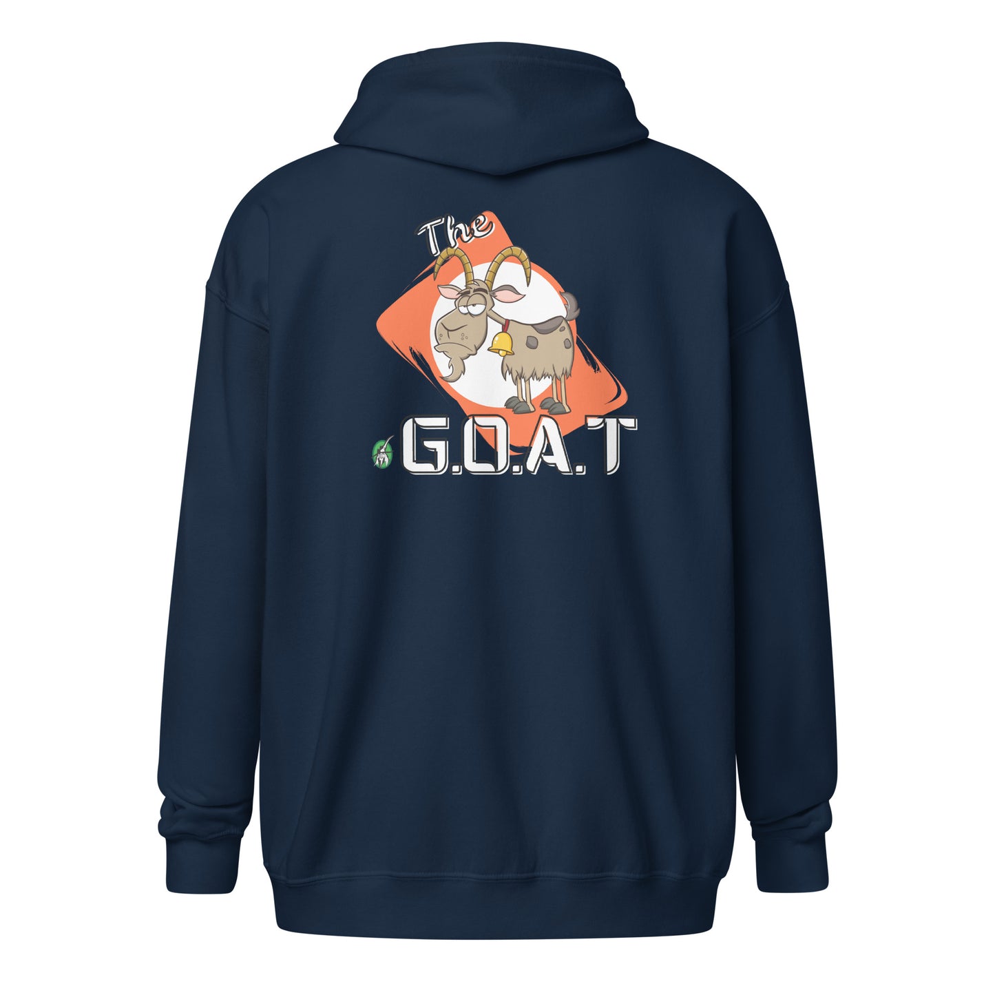 Men's navy zip through hoodie with a graphic of a goat on the back with the word G.O.A.T as in Greatest of all Time and a graphic of a goat on an orange background by Wizard Prints