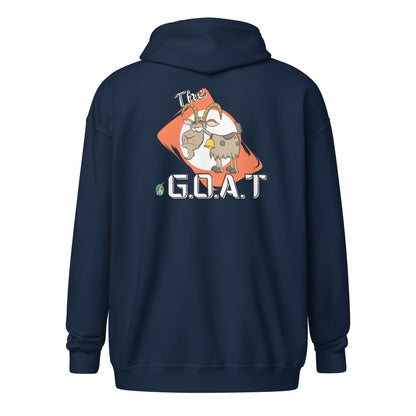 Men's navy zip through hoodie with a graphic of a goat on the back with the word G.O.A.T as in Greatest of all Time and a graphic of a goat on an orange background by Wizard Prints