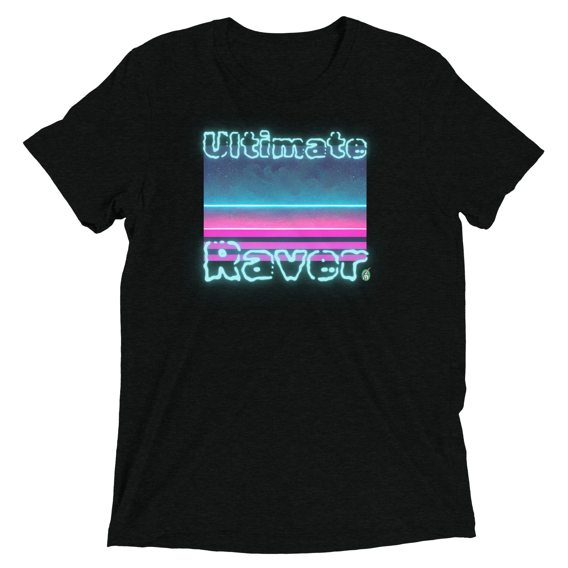 Men's festival graphic t-shirt in black from Wizard Prints Shop with the slogan, Ultimate Raver on a background of bright colours