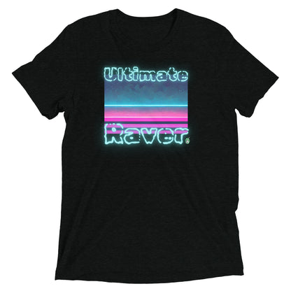 Men's festival graphic t-shirt in black from Wizard Prints Shop with the slogan, Ultimate Raver on a background of bright colours