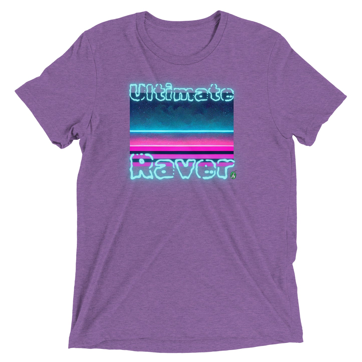 Men's festival graphic t-shirt in purple from Wizard Prints Shop with the slogan, Ultimate Raver on a background of bright colours