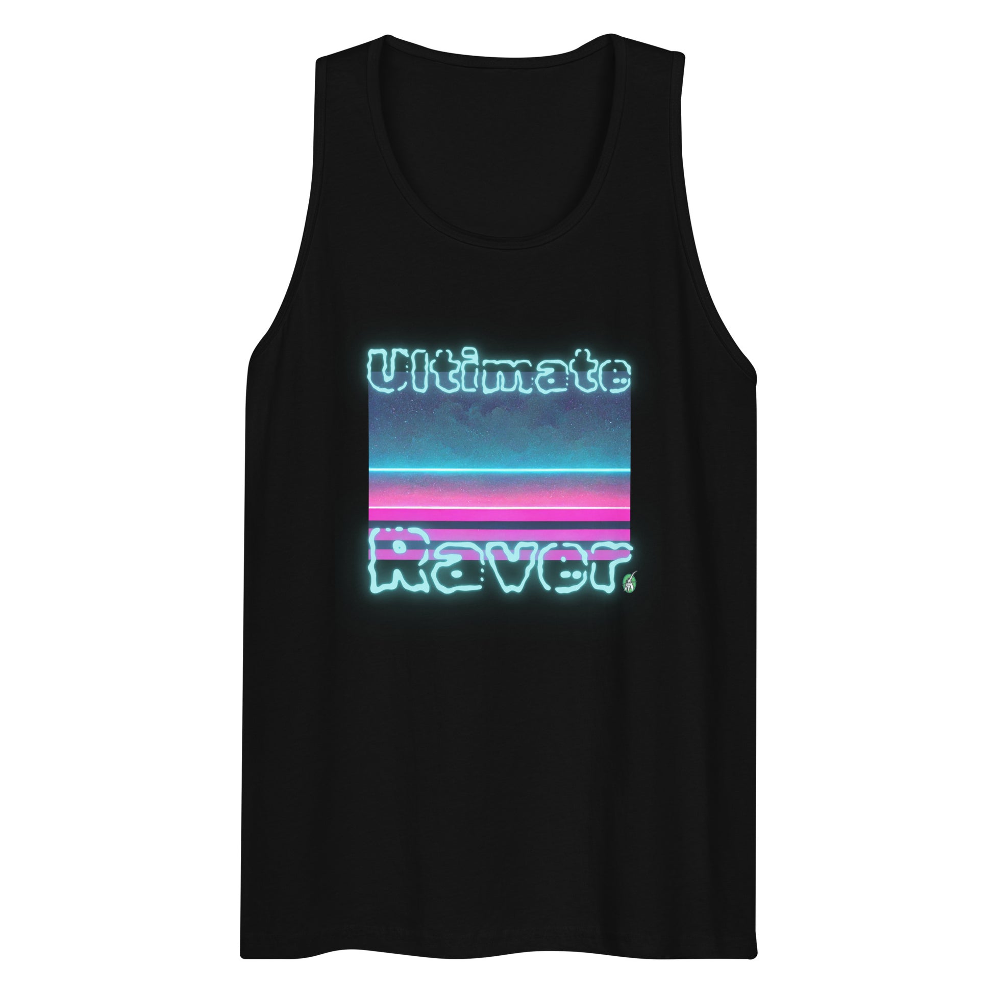 Men's festival graphic tank top in black from Wizard Prints Shop with the slogan, Ultimate Raver on a background of bright colours