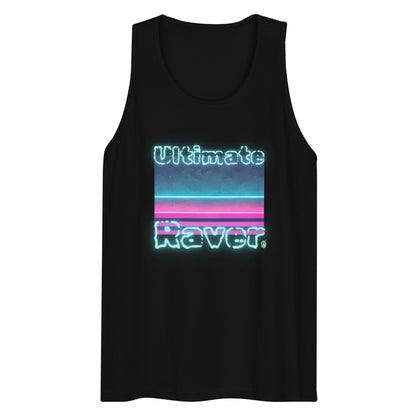 Men's festival graphic tank top in black from Wizard Prints Shop with the slogan, Ultimate Raver on a background of bright colours