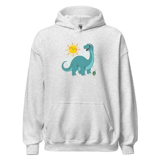 Men's ash hoodie with a printed graphic of a smiling cartoon dinosaur and the sun. Designed by Wizard Prints.