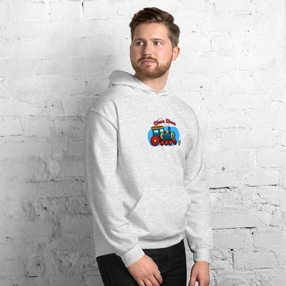 A man standing wearing an ash hoodie with a printed graphic of a cartoon train and the words 'Choo Choo'. Designed by Wizard Prints