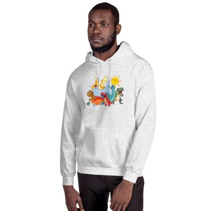 A man standing wearing an ash hoodie with a printed graphic of different colorful dinosaur types and the sun. Designed by Wizard Prints.