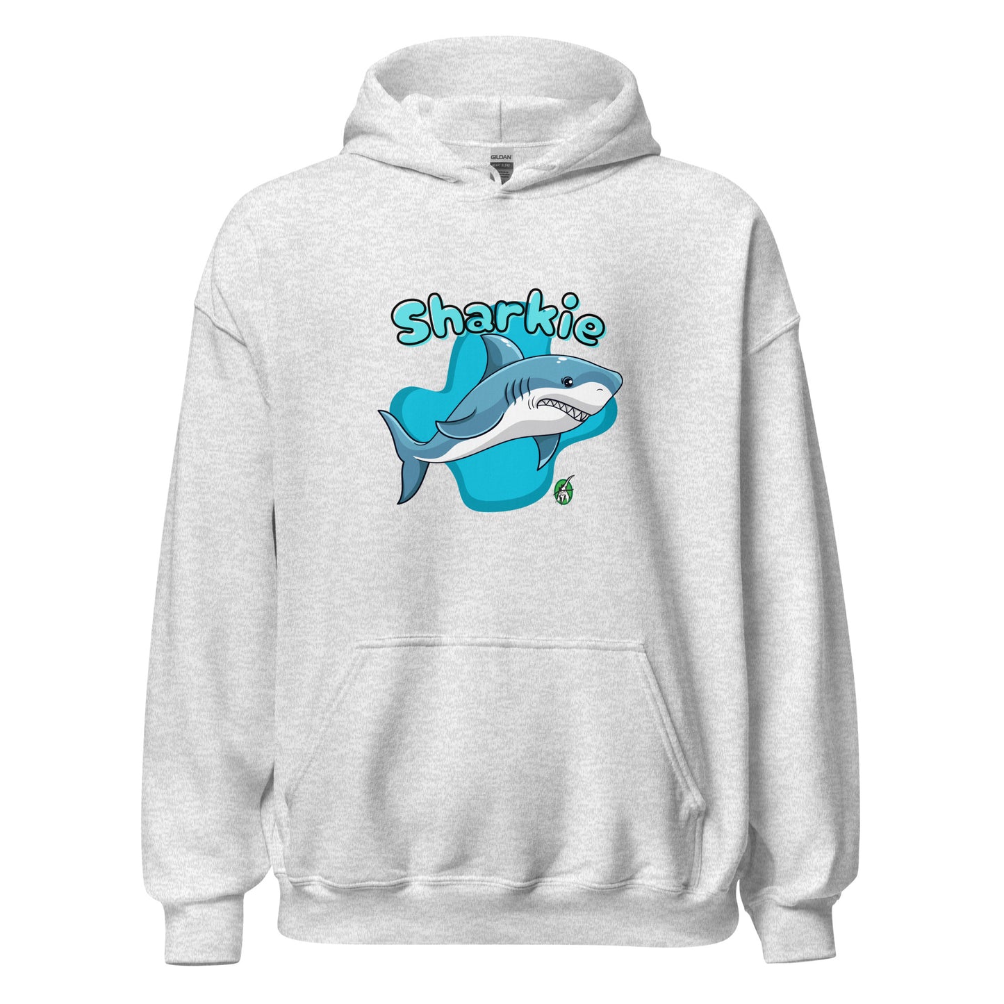 Men's ash hoodie with a printed graphic of a cartoon shark and the word, Sharkie. Designed by Wizard Prints.