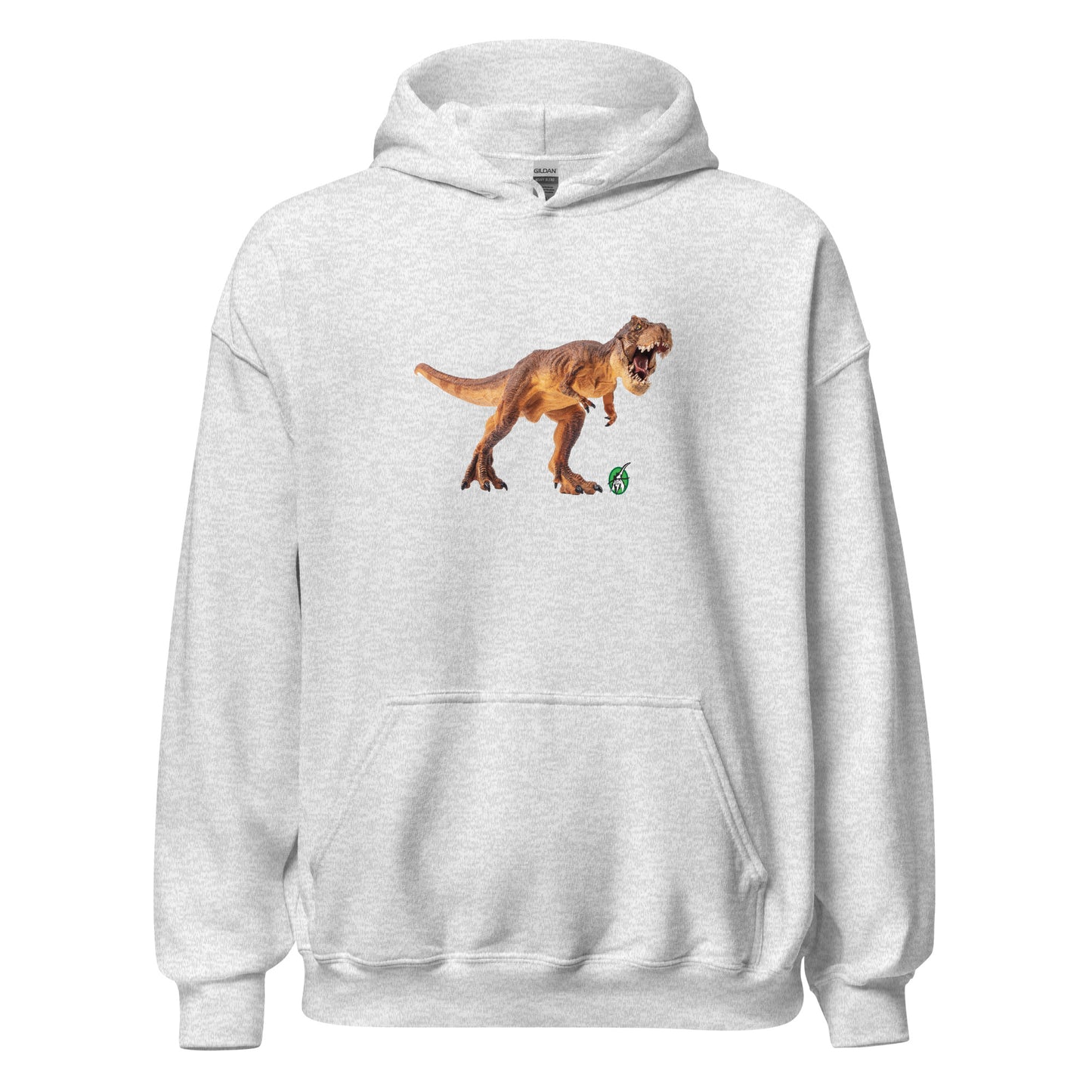 Men's ash hoodie with a printed graphic of a life like dinosaur. Designed by Wizard Prints.