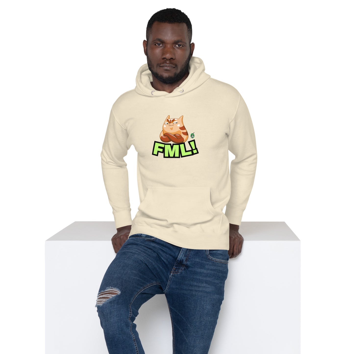 A man standing wearing a beige hoodie with a printed graphic of a cat with the words, 'FML!'. Designed by Wizard Prints