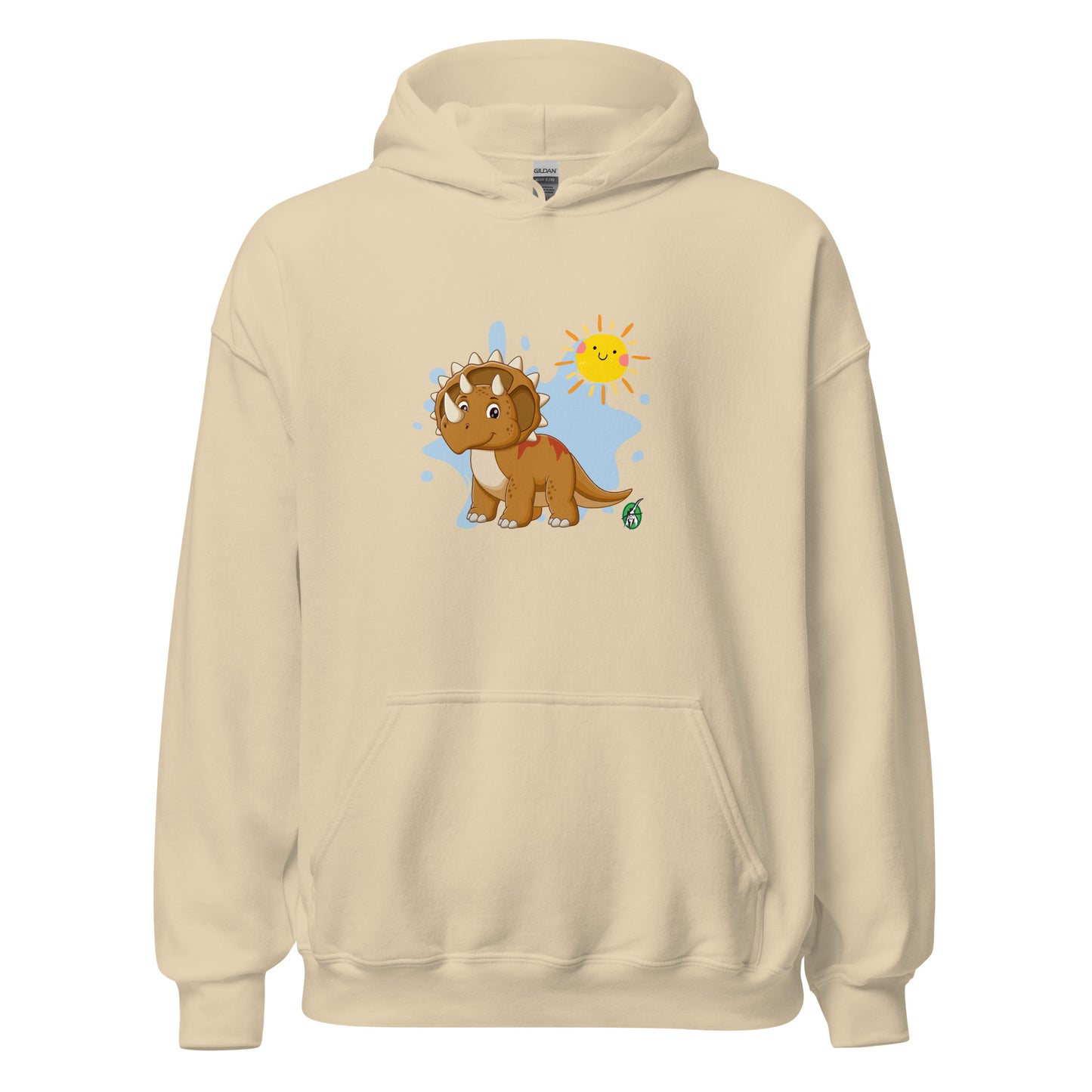 Mens beige hoodie with a printed graphic of a smiling cartoon dinosaur and the sun. Designed by Wizard Prints.