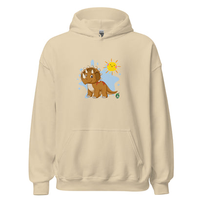Mens beige hoodie with a printed graphic of a smiling cartoon dinosaur and the sun. Designed by Wizard Prints.