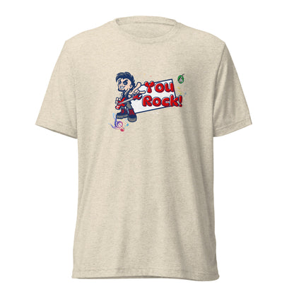 Men's beige t-shirt by Wizard Prints featuring a printed graphic of a rock singer holding an electric guitar and the words, You Rock!