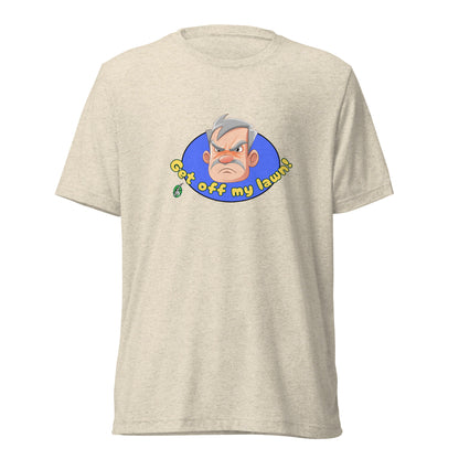 Men's beige t-shirt by Wizard Prints featuring a printed graphic of an old man's grumpy face with the words, Get Off My Lawn. 