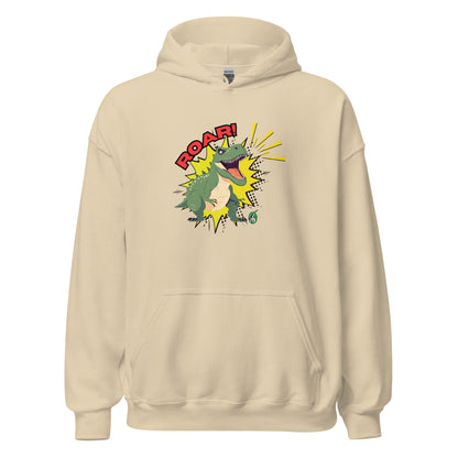 Men's beige hoodie with a printed graphic of a green roaring cartoon dinosaur and the word Roar! Designed by Wizard Prints