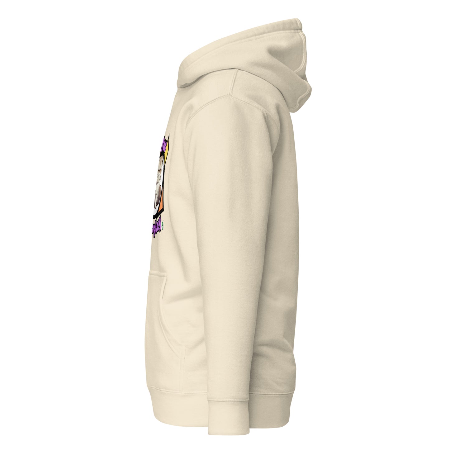 Side view of a men's beige hoodie by Wizard Prints Shop.