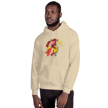 A man standing wearing a beige hoodie with a printed graphic of a red roaring cartoon dinosaur and the word Roar! Designed by Wizard Prints