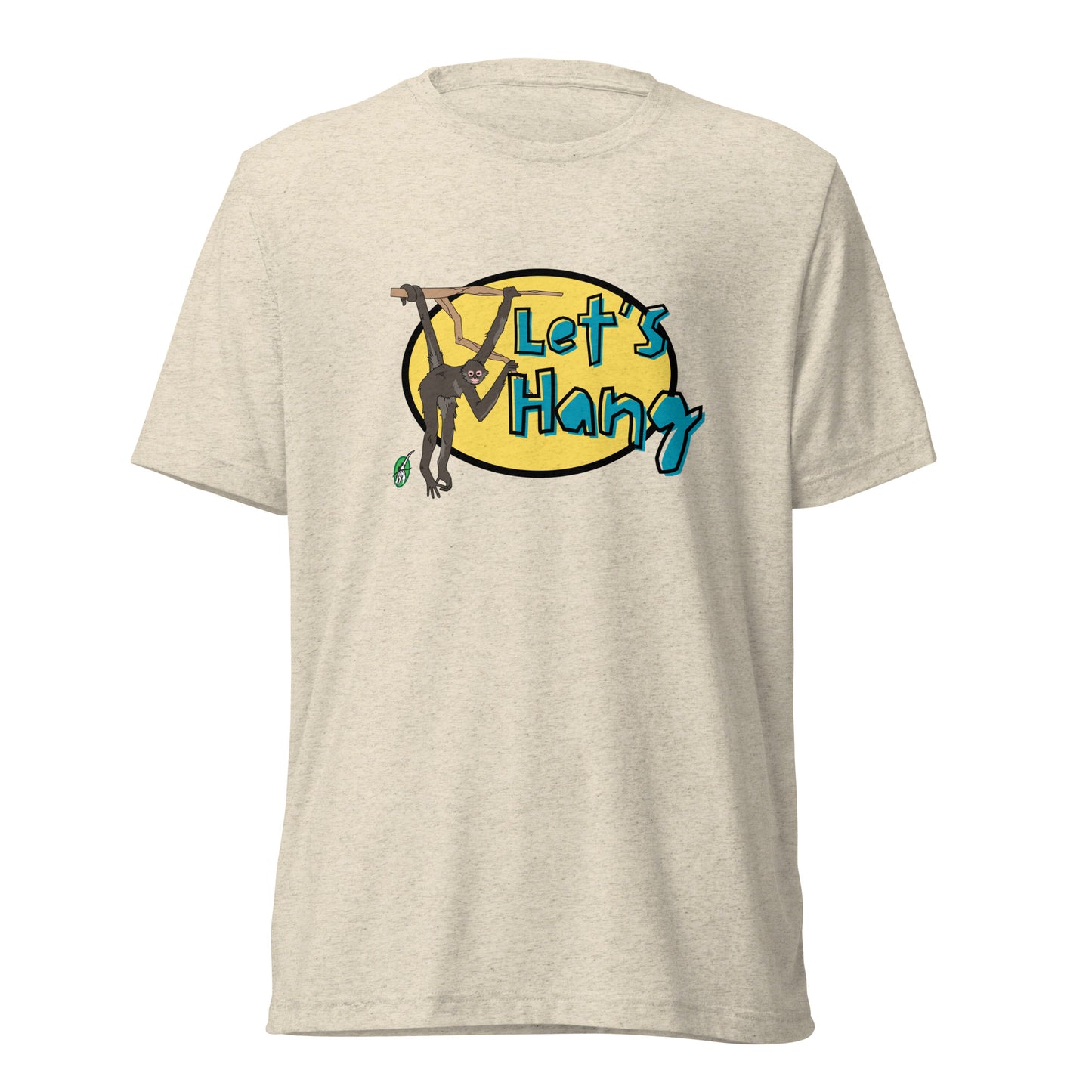 Men's beige tee shirt with a printed graphic of a monkey hanging on a branch with the words, Let's Hang. Designed by Wizard Prints