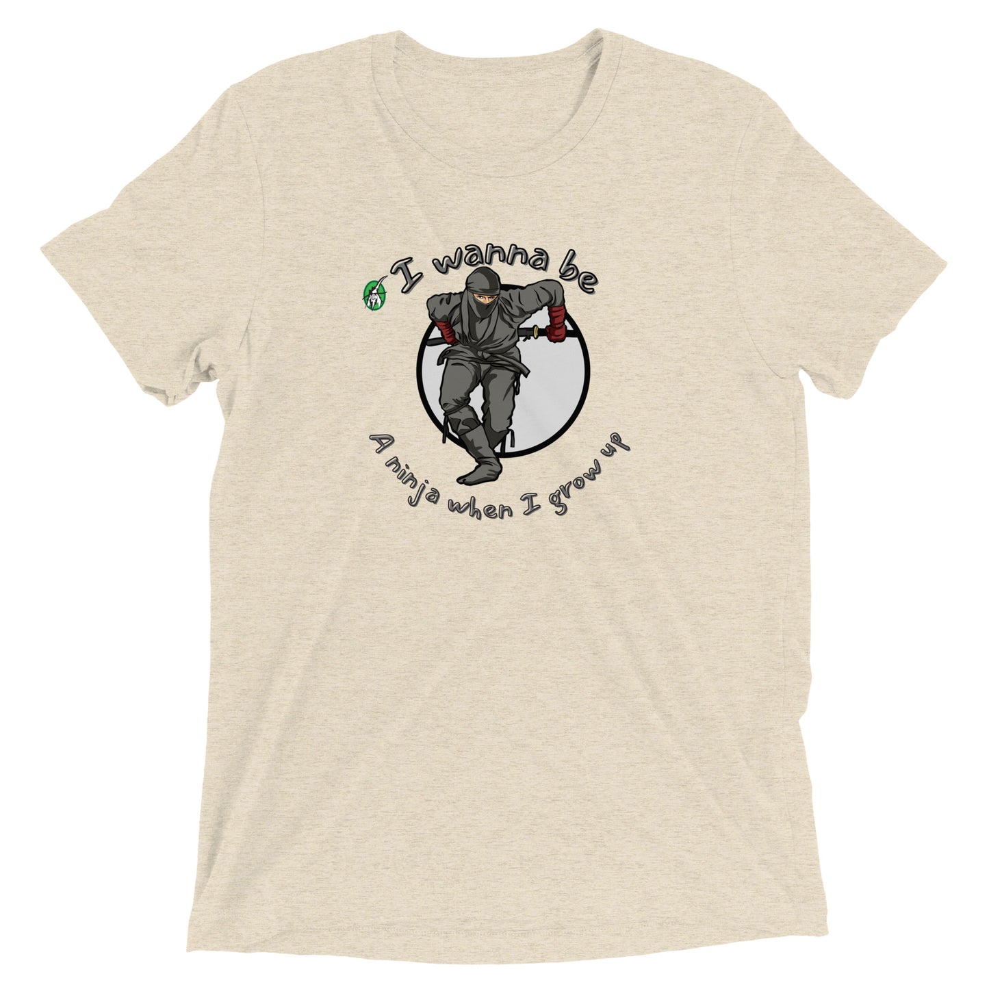 Men's beige t-shirt by Wizard Prints featuring a printed graphic of a ninja with the words, I wanna be a ninja when I grow up.