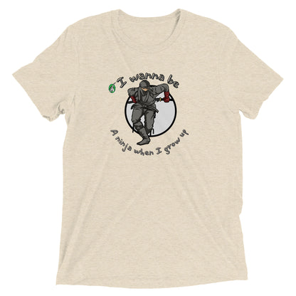 Men's beige t-shirt by Wizard Prints featuring a printed graphic of a ninja with the words, I wanna be a ninja when I grow up.