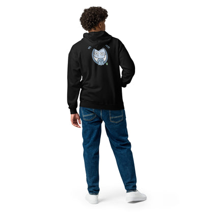 			A man standing with his back to the camera, wearing a black zip through hoodie with a pale blue graphic image on the back and the words, 'Why are you so Weird?' by Wizard Prints Shop