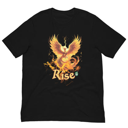 Men's black graphic T-Shirt with the image of a Phoenix in gold and the word Rise underneath