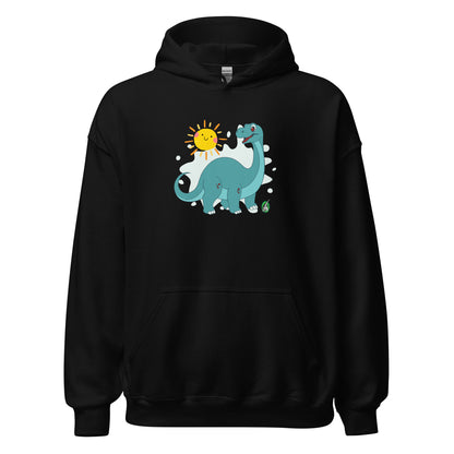 Men's black hoodie with a printed graphic of a smiling cartoon dinosaur and the sun. Designed by Wizard Prints.