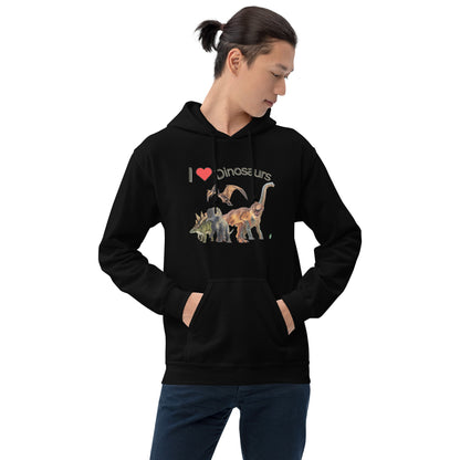 A man standing wearing a black hoodie with a printed graphic of life like dinosaurs and the statement, I love Dinosaurs. Designed by Wizard Prints.